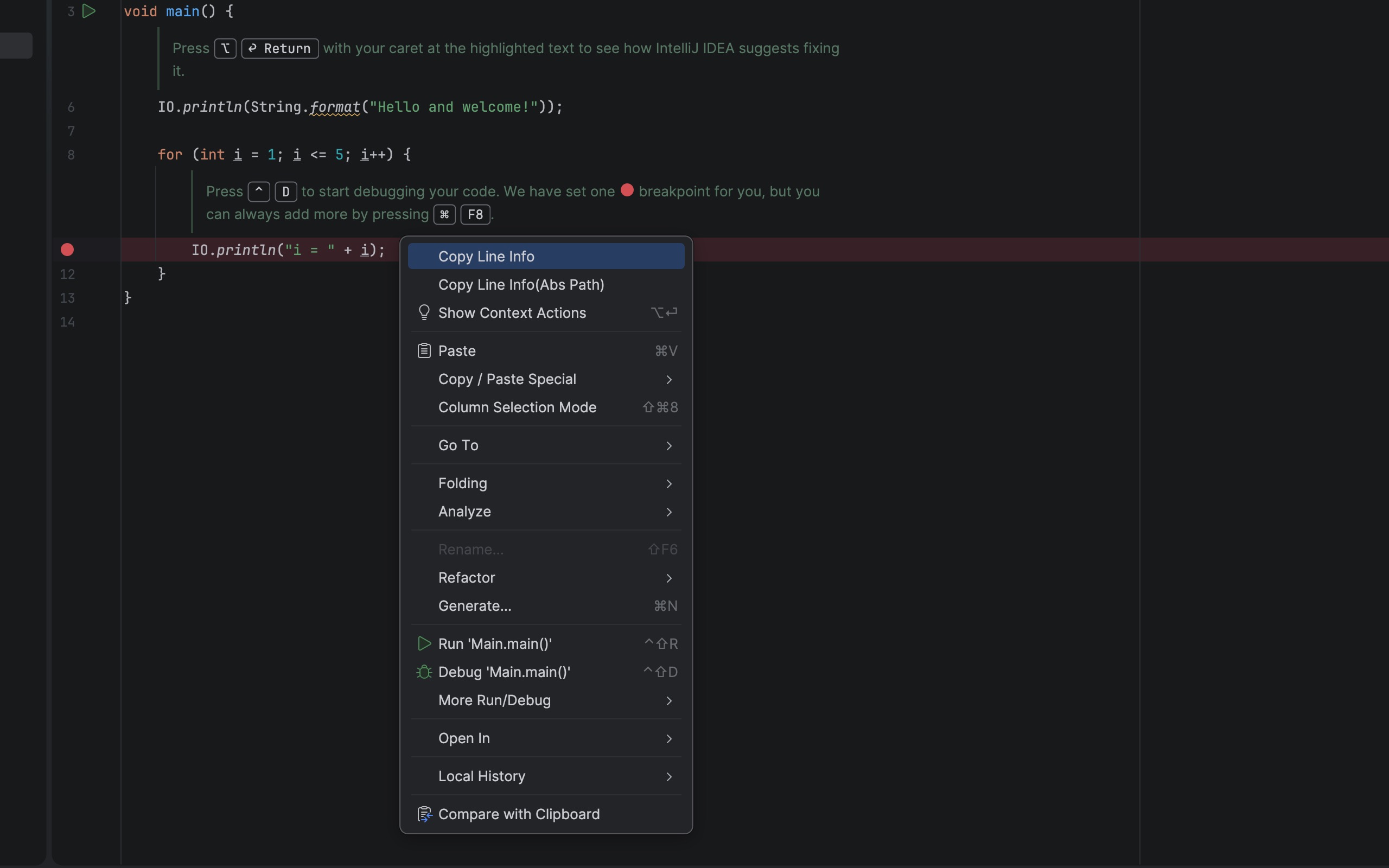 LineClip context menu — Copy Line Info